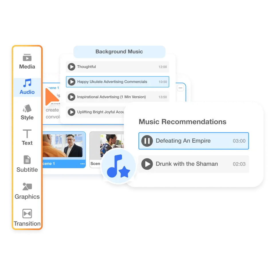 Presentation video creator editing tools for adjusting scenes, background music, voiceovers, and adding subtitles on Visla.